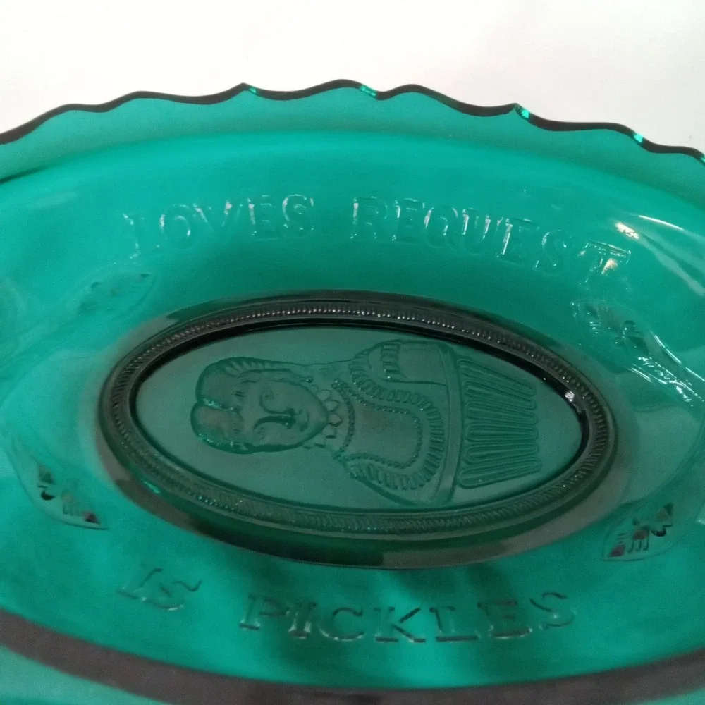 Teal Green Glass Loves Request Is Pickles Oval Scalloped Sawtooth Dish 9.25in